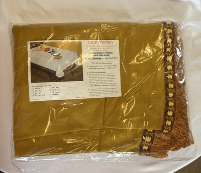 Monterey Permanent Press Tablecloth 64x92 Oval Gold With Fringe New - Image 1 of 4