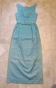 VTG 1960s Turquoise Blue & Gold Brocade Maxi Dress Women's XS Bow Detail - Picture 1 of 18