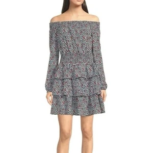 Vestido Michael Kors XL Azul Marino Rosa Floral Calzado en Niveles Fuera del Hombro Cottage Ducha - Imagen 1 de 9