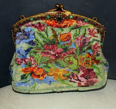 antiguo monedero micro cuentas con flores con marco multi joyas Foto 1 de 4