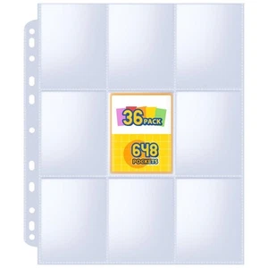 36-Pack Trading Card Sleeve Pages 9-Pocket Binder Sheets for Sports Game Cards - Picture 1 of 7