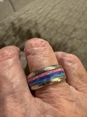 Turquoise, Purple&Pink Abalone Shell In Center Stainless Steel Ring Size 7 - Image 1 of 4