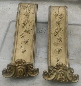 2 Antique Art Nouveau Architectural Hardware Embossed Brass Curtain Tie Backs - Picture 1 of 9