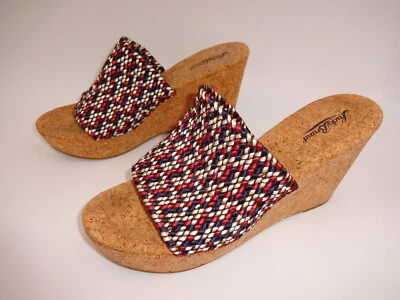 Womens 10M 10 Lucky Brand White Blue Red Slip On Platform Shoes Sandals Cork Foto 1 de 4
