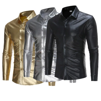 Men Slim Fit Stylish Shiny Shirt Long Sleeve Night Club Elastic Cocktail Party - Image 1 of 4