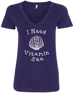 I Need Vitamin Sea Women's V-Neck T-Shirt Beach Ocean Seashell Lover - Picture 1 of 8