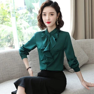 Damen Rüsche Satinshirt Bluse langärmelig schmal sitzendes Oberteil elegant Büroarbeit - Bild 1 von 25