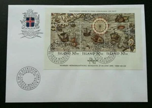 [SJ] Iceland Nordia '91 1989 Map Ship Sailboat Maritime Route (miniature FDC) - Picture 1 of 5