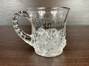 EAPG Vintage Cambridge Glass Near Cut Child's Mug Etched E Richards 1914 - Picture 1 of 8