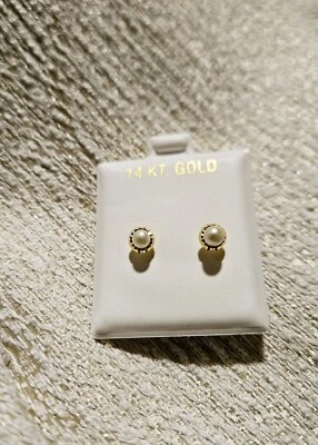 White Pearl Stone Baby Stud Earrings Screwback 3mm In 14k Yellow Gold - Image 1 of 3