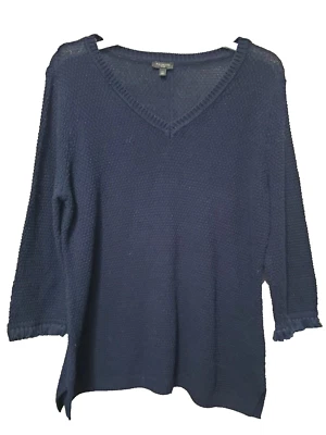 Talbots Petites 100% Cotton Blue Loose-Knit Fringed Sleeve V-Neck Sweater Sz LP - Image 1 of 4