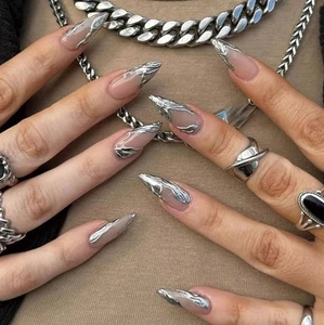 Medium Gothic Press on Nails Long Stiletto Fake Nails Y2K Silver Acrylic French - Picture 1 of 3