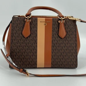 Michael Kors Marilyn Medium Logo Stripe Satchel Brown Mask Canvas Leather Trim - Bild 1 von 17