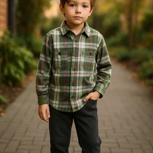 Carter's Boys Shirt Sz 5 Gray Green White Red Long Sleeve Plaid Buttons Flannel - Picture 1 of 8