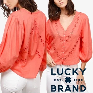 Lucky Brand Cotton Floral Leaf Vine Eyelet Peasant Spiced Coral Blouse BOHO M - Picture 1 of 16