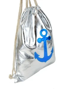Ella Jonte Gymbag silber metallic Anker blau Turnbeutel Rucksack maritim unisex - Bild 1 von 3