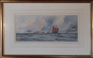 Antigua pintura acuarela marítima firmada William Cannon mástil alto barcos mar - Imagen 1 de 13