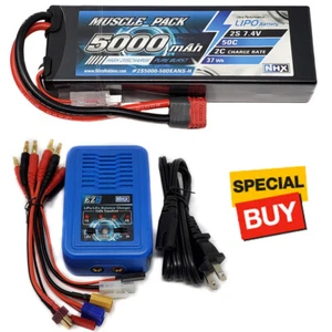 NHX Muscle Pack 2S 7.4V 5000mAh 50C Lipo Battery w/DEANS Connector / EZ6 Charger - Picture 1 of 4