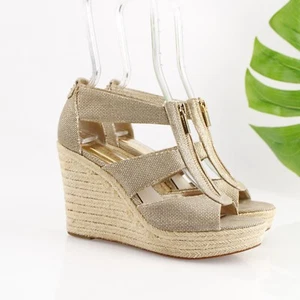 Michael Kors Women Berkley Sandal Size 7.5 Tan Wedge Platform Espadrille Zip MK - Picture 1 of 14