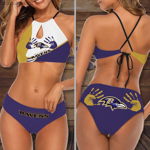 Baltimore Ravens 2PCS Women Bikini Set Bathing Wear Halter High Neck Swimsuit Cover