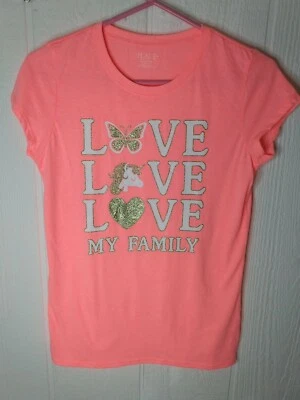 Children's PLACE Girl's Sz 16 Neon Pink LOVE MY FAMILY Pride Unicorn T-shirt Top - Image 1 of 4