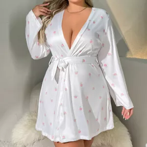Sexy Lingerie Women's Plus Size Robe Satin Silk Kimono Robes with Belt Sleepwear - Picture 1 of 18