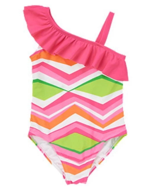 NWT Gymboree One Shoulder Chevron Ruffle One-Piece Swimsuit UPF50+ Girls 8 10 12 - Image 1 of 1
