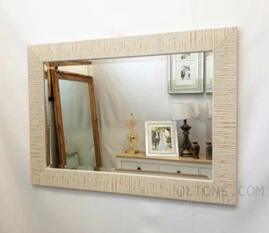 Blanca Modern Wood Frame Wall Mirror Bevelled Glass Two tone Sand Cream 92x66cm - Picture 1 of 10