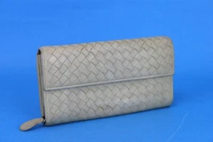 BOTTEGA VENETA Intrecciato Beige Leather Foldover Long Wallet Purse Women's Auth - Picture 1 of 12