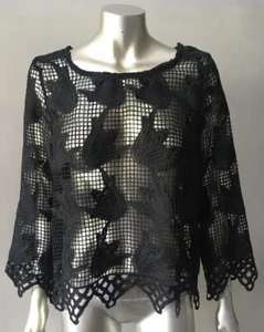 Eyelet Trapeze Floral Tulip Top Black Crochet Scalloped sexy Party Blouse M - Picture 1 of 6