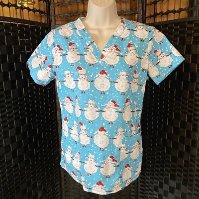 Sanibel Scrubs  Women's Sz XS Scrub Top Christmas Print Funny Sheep & Snowflakes - Image 1 of 4