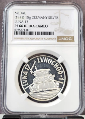 1971 GERMANY SILVER LUNA 17 MOON LANDER NGC PF 66 ULTRA CAMEO RARE TOP POP 1 - Image 1 of 4