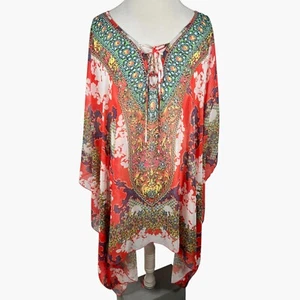 Ali Miles Colorful Chiffon Kaftan Poncho Coverup Beaded Lace Up Boho Size 2X - Picture 1 of 10