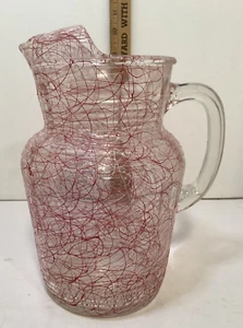 Vintage Mid Century Hazel Atlas Red & White Spaghetti Painted Glass Pitcher - Picture 1 of 8