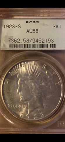 1923 S $1 Peace Silver Dollar PCGS AU 58 Older Green Holder Cover