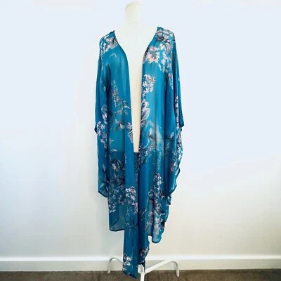 Carolina Size OS One Size Blue Floral Viscose Chiffon Lightweight Kimono Jacket - Image 1 of 4