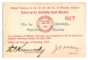 Tarjeta de membresía del Templo de Midian 1917 para William Kennedy AAONMS Witchita, KS C1 - Imagen 1 de 2