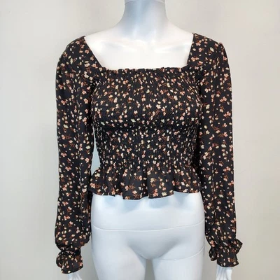 Better Together Smock Floral Crop Top Size Small Black Long Sleeve Boho Cottage - Image 1 of 4