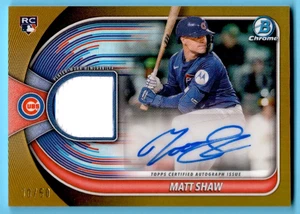 Matt Shaw 2025 Bowman Chrome Gold Refractor Rookie Patch Autograph 30/50 SP Cubs - Bild 1 von 2