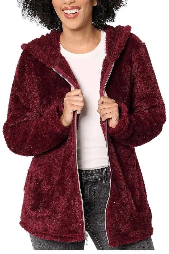 Denim & Co. Shimmer Sherpa Zip Front Hooded Jacket w/ Pockets Wine XL New - Image 1 of 1