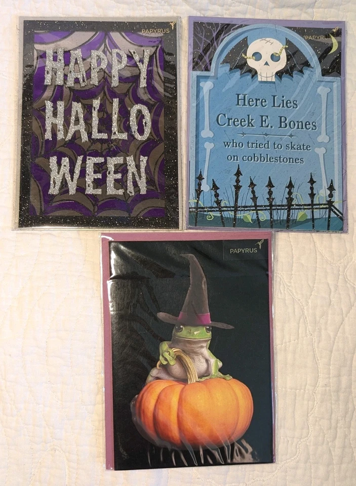 Papyrus Lot of 3 Halloween Greeting Cards Frog w/Hat on Pumpkin, Webs Skull NEW! - Image 1 of 4