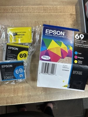 Genuine Epson 69 Cyan Yellow Ink Cartridge Plus Extra Yellow 1/2024 Read - Image 1 of 4