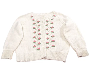 Vintage Girls Cardigan Sweater Handmade White Pink Embroidered Flowers Buttons - Picture 1 of 3