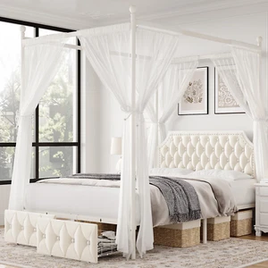 Queen Size Canopy Bed Frame, 2 Storage Drawers Metal Platform Bed with Button Tu - Picture 1 of 9