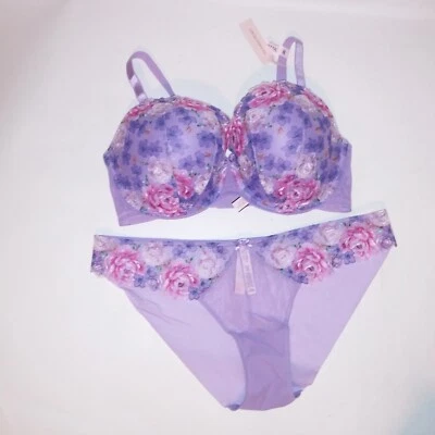Conjunto de sutiã Victoria Secret 36DDD forrado Demi calcinha grande roxo floral bordado - Imagem 1 de 4