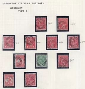 Tasmania page of WESTBURY type 1 pmks on KGV from the Andrew Johnson collection - Picture 1 of 2