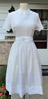 VTG 1950s Crisp White Cotton Fit & Flare Dress Pintuck Belt Wedding Party XS-S