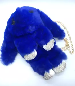 blue bunny Messenger bag faux rabbit fur golden chain small necessaries - Picture 1 of 8