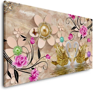 CANVAS-FLOWERS AND GOLD-(2314)-Photo Art Fine Art Jewellery Swan Wall Art - Picture 1 of 6