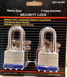 LOCKS 40 mm Padlock - 2 pc keyed alike - 1-1/2 " long shank padlocks - Picture 1 of 1